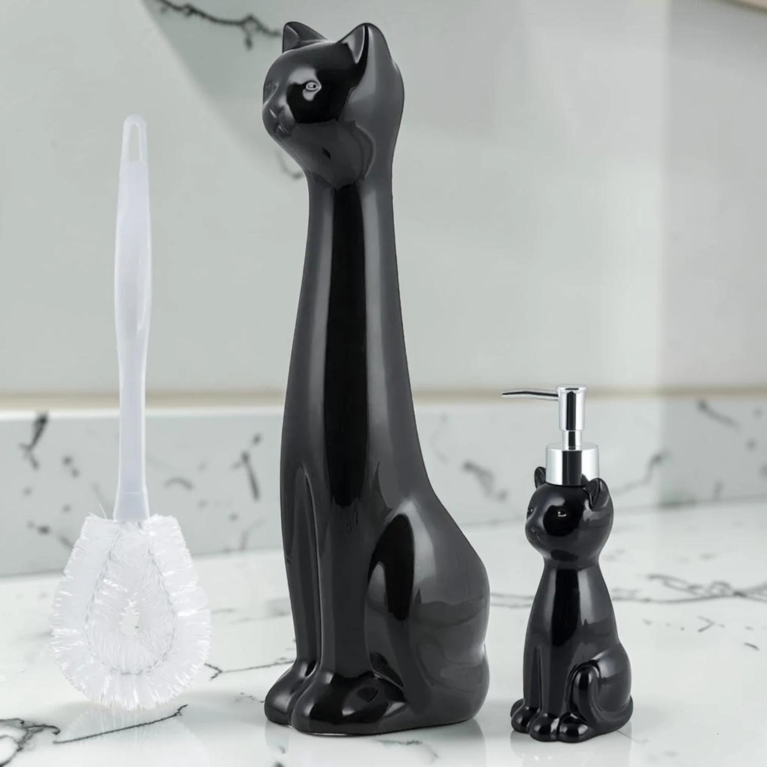 sanitizebrush Cat Toilet Brush Holder Set, Black Ceramic, 3-Piece Set with White Brush and Soap Dispenser