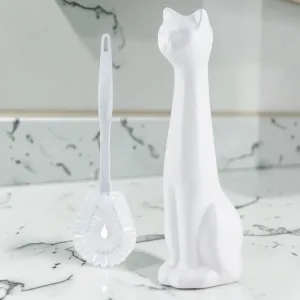 sanitizebrush Toilet Brush Holder Set, White Cat Design, Ceramic, 5.50 x 6.69 x 18.3 Inches