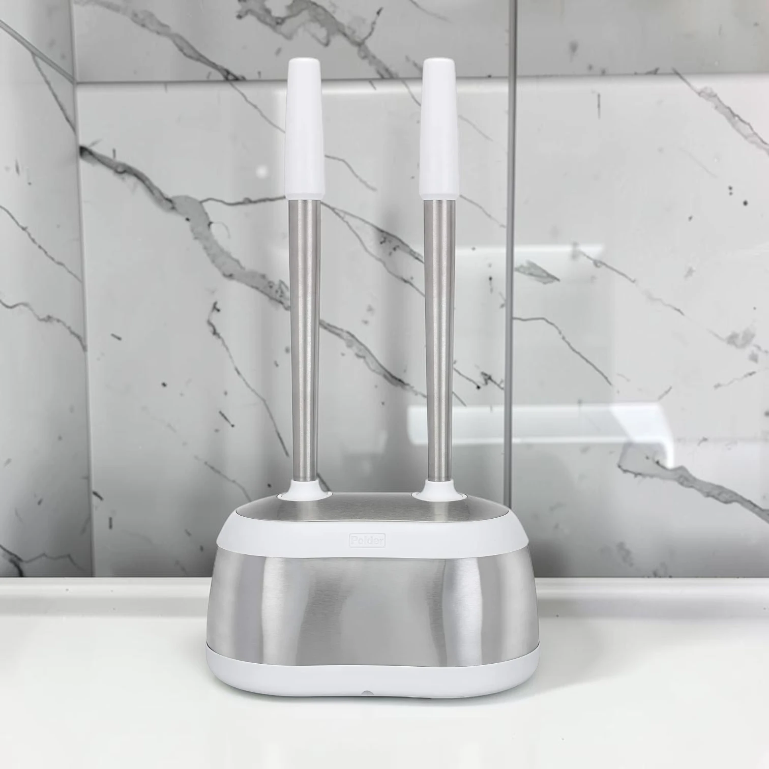 sanitizebrush Toilet Brush and Plunger Caddy, Stainless Steel, Dual Storage White