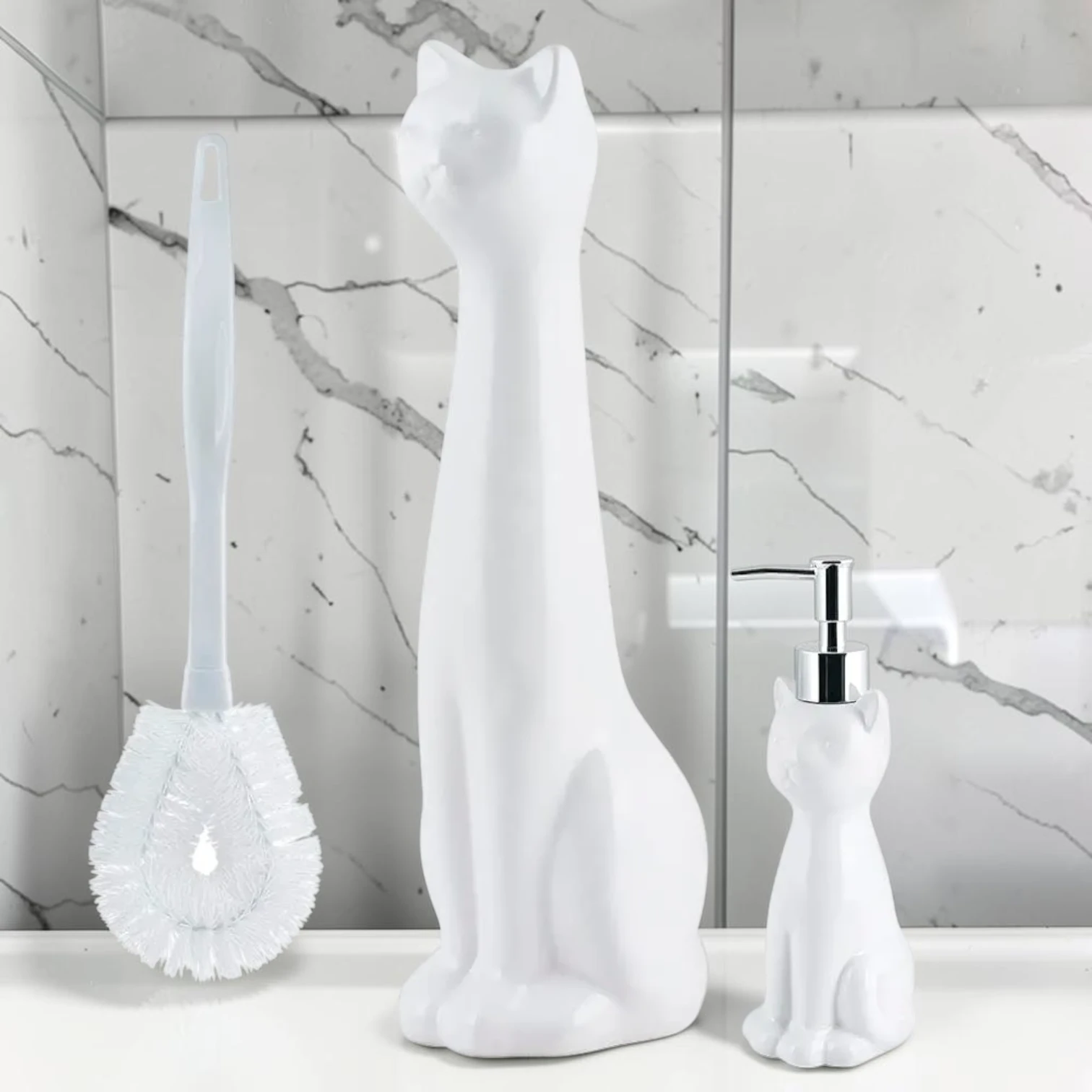 sanitizebrush 3-Piece Cat Toilet Brush Holder and Soap Dispenser Set, Ceramic, White