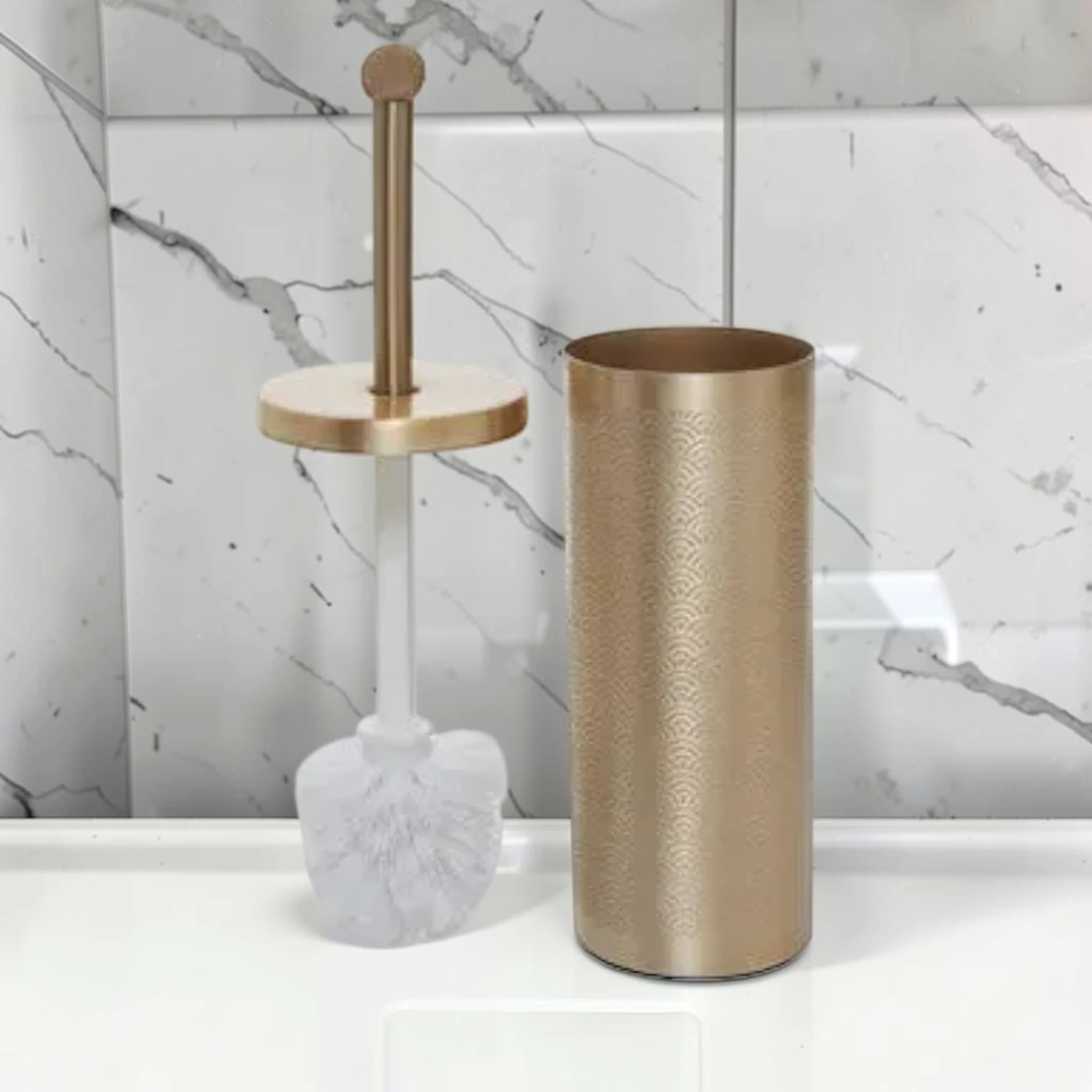 sanitizebrush Toilet Brush with Etched Holder, Aluminum, Champagne Gold Finish