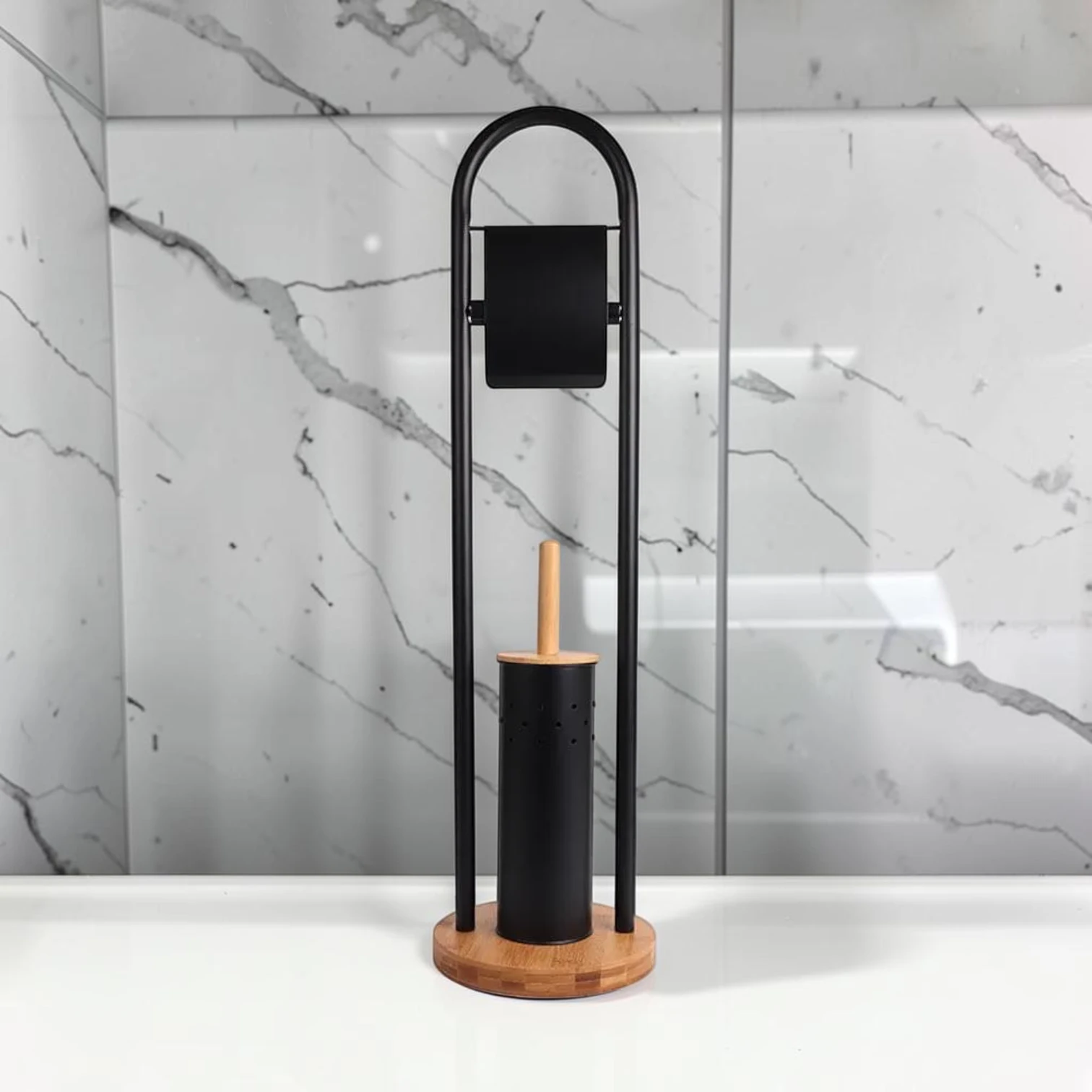 sanitizebrush Toilet Roll Dispenser and Brush, Bamboo and Powder-Coated Chrome, Freestanding Bathroom Accessory