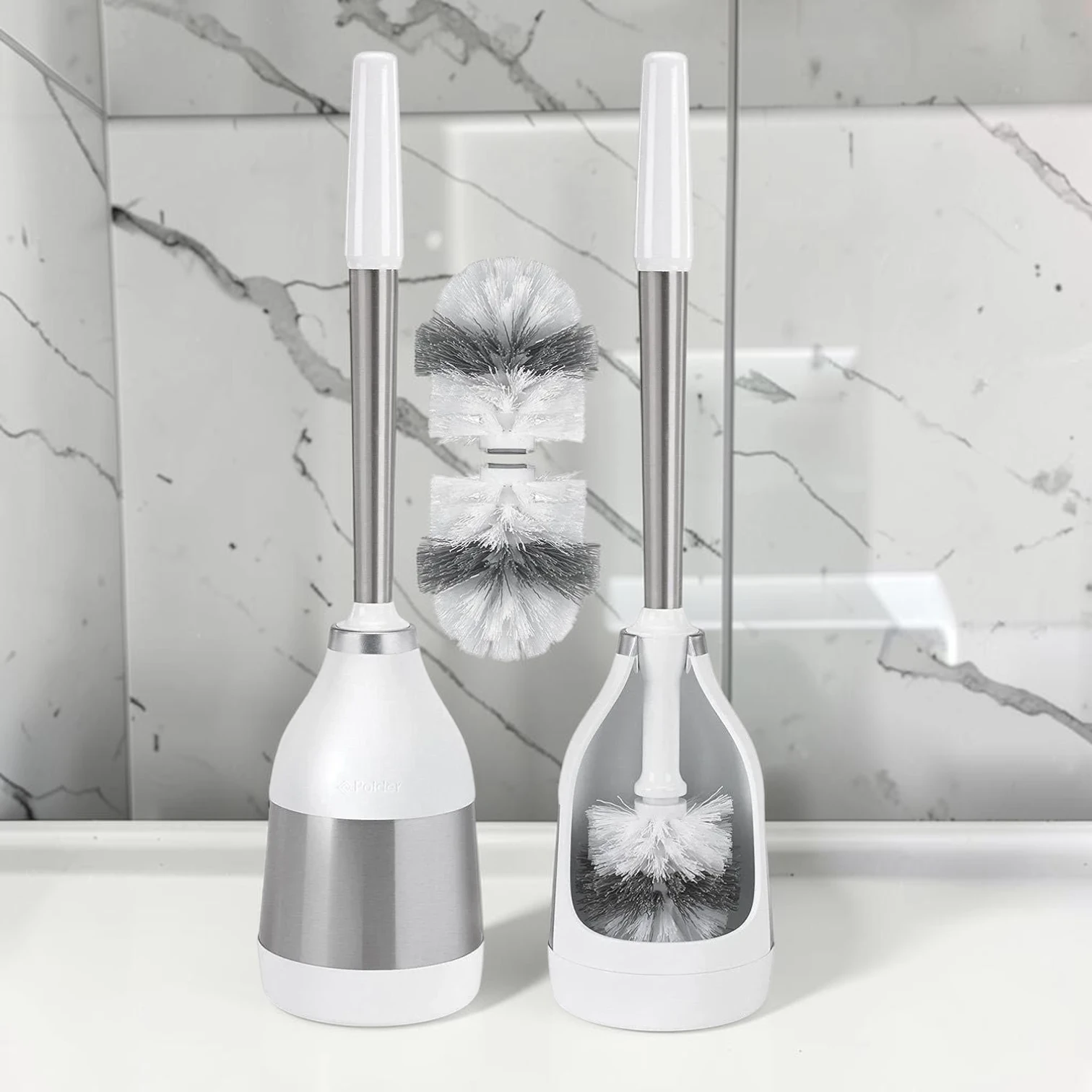 sanitizebrush Stainless Steel Toilet Brush Caddy Black 2 Pack + 2 Replacement Brush Heads